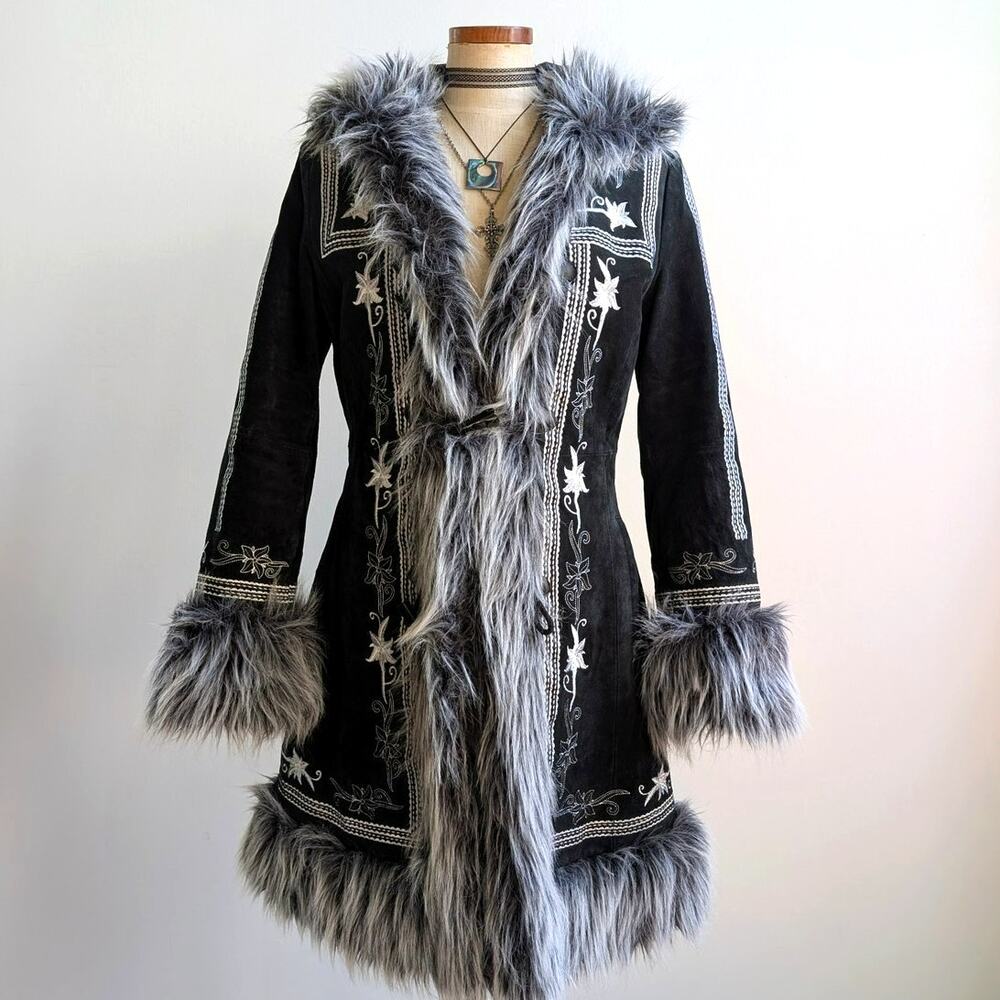 Vintage Black Suede Coat Penny Lane Groovy Faux Fur Jacket Afghan Trench Medium - Picture 11 of 13